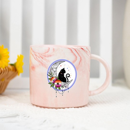 Galaxy Cat and Flowers in Lesbian Flag Colors Marble Mugs