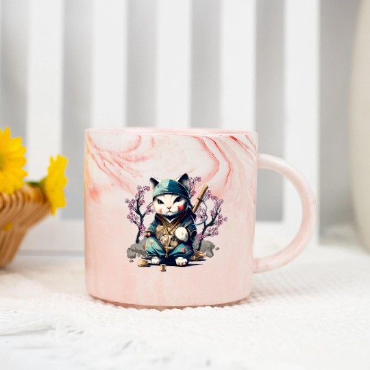 Samurai Cat Anime Kawaii Japanese Style Marble Mugs