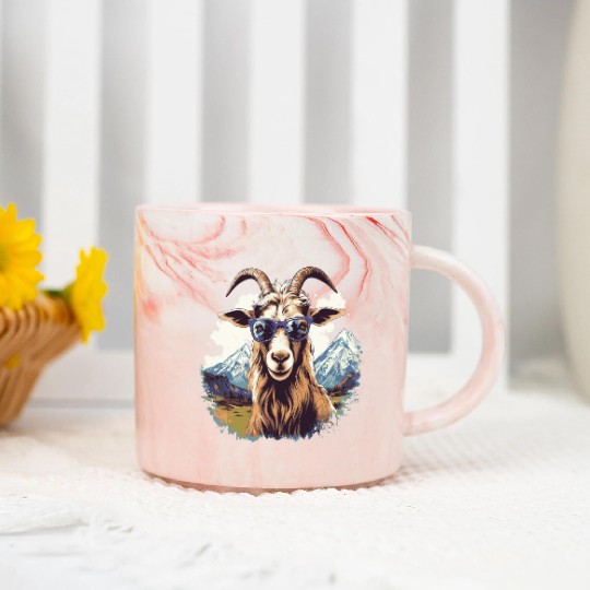 A goat with sunglasses in the mountains Marble Mugs