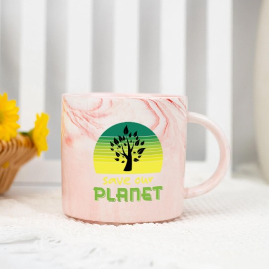 Save Our Planet Retro Sunset Green Marble Mugs