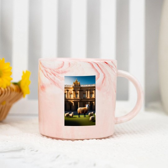 sheep in baroque armor in front of palace made of Marble Mugs