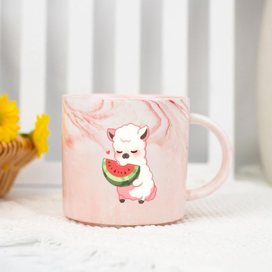 Adorable Kawaii Llama Savoring Sweet Watermelon Marble Mugs