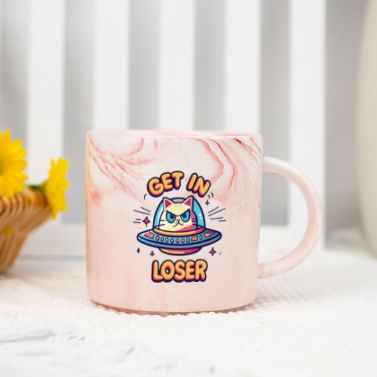 Get In Loser Angry Cat in a UFO Marble Mugs
