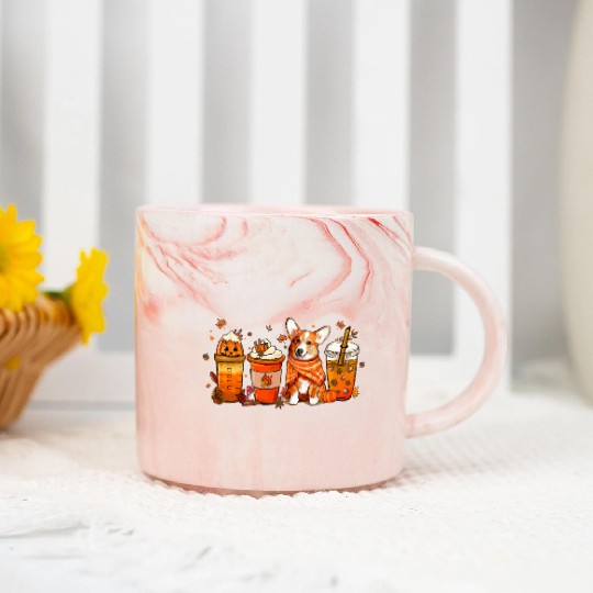 Fall Coffee with Corgi Pumpkin Spice Latte Lovers Marble Mugs