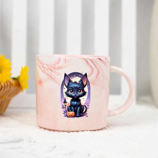 Black Cat With a jack-o-lantern Halloween Design Marble Mugs