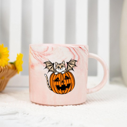 Cute Creepy Cat With Bat Wings Funny Halloween Marble Mugs