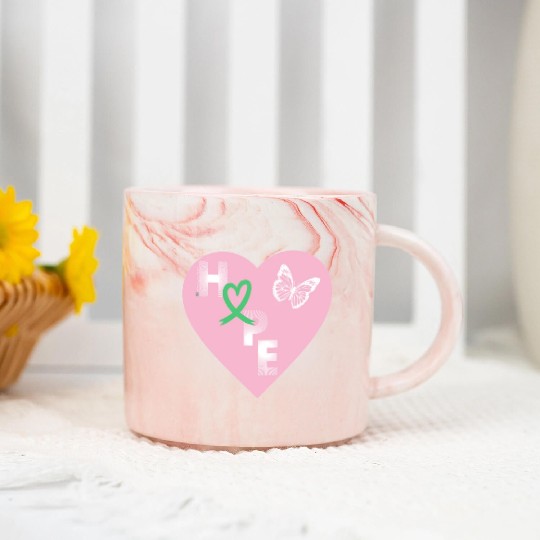 Liver Cancer Hope & Butterfly Heart Pink/Wht/Green Marble Mugs