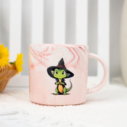 Cute Halloween lizard with a witch hat. Marble Mugs