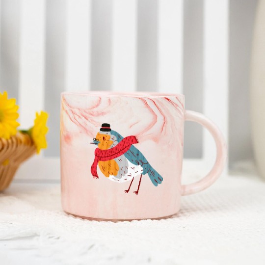 Robin With a Scarf Marble Mugs