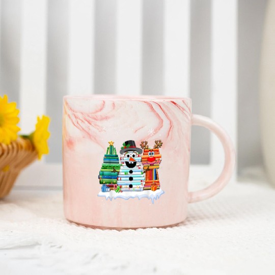 Christmas Tree Snowman Reindeer Book Stack Marble Mugs