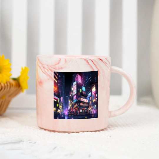 Tokyo Urban Scene - A Digital Art Illustration wit Marble Mugs