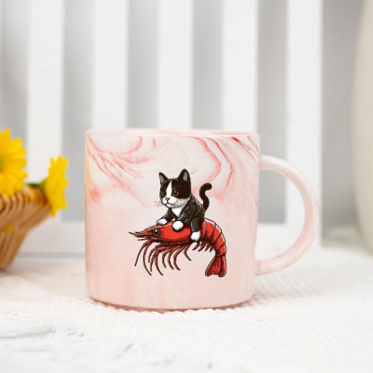 Cat rides shrimp Marble Mugs
