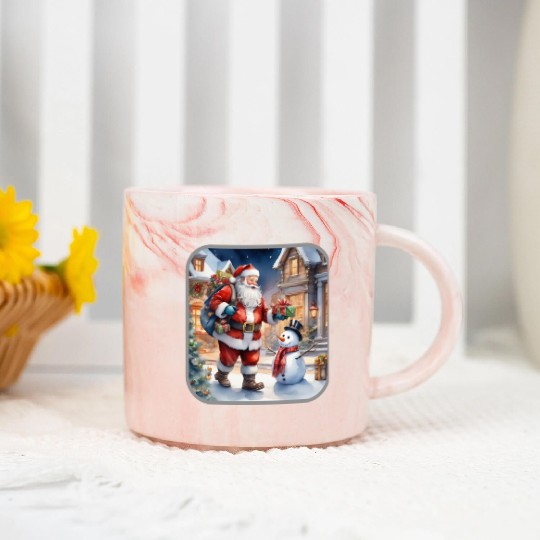 Santa Claus and a snowman distributes gifts. Marble Mugs