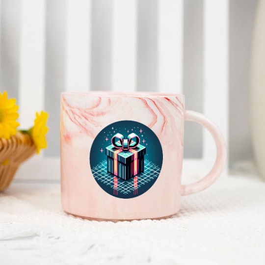 Cyberpunk Pixel Art Gift Box - Neon Ribbons Marble Mugs