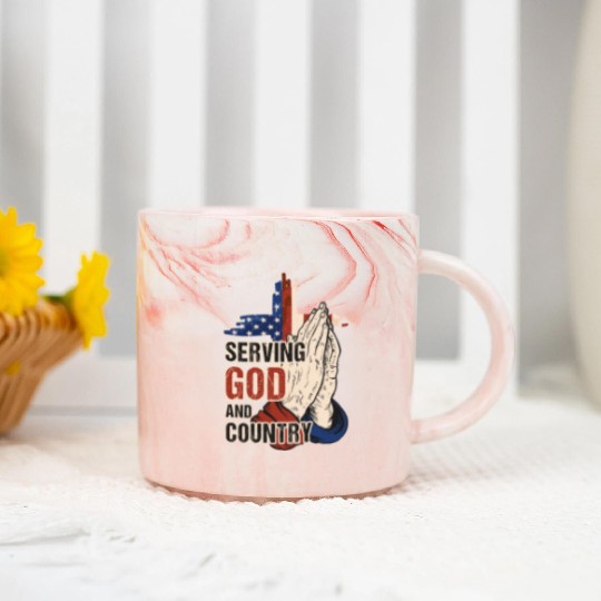 Serving God And Country US Flag Cross Patriotic Ch Marble Mugs