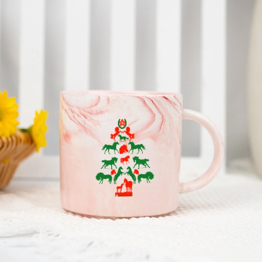 Horse Christmas Tree in Red and Green Marble Mugs