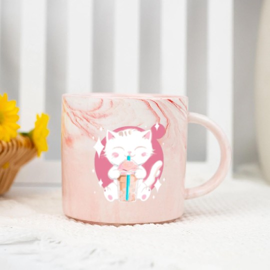 Kawaii Bubble Tea Cat Boba Milk Marble Mugs