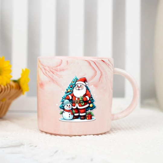 Santa Claus with Snowman and Decorated. Marble Mugs