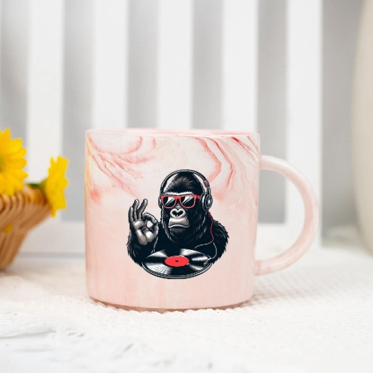 DJ Gorilla hard beats with Record player and Vinyl Marble Mugs
