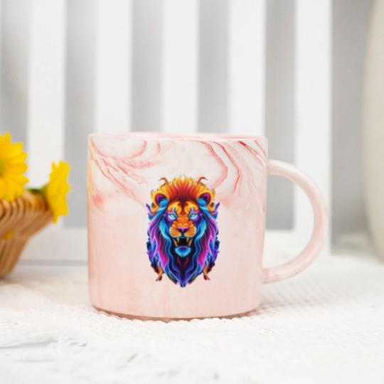 Roaring Spectrum: Colorful Lion Face Marble Mugs
