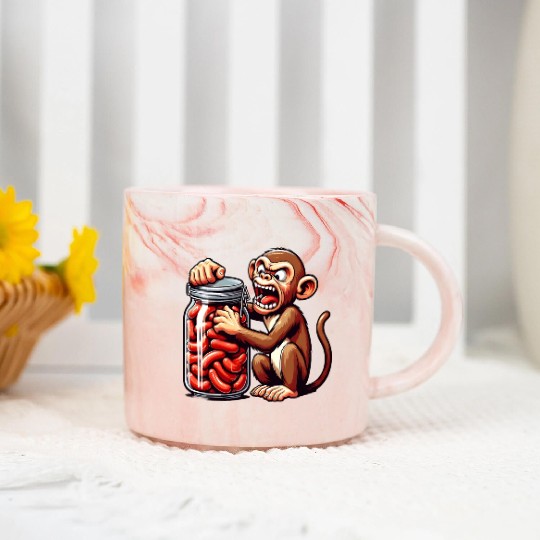 Frustrated monkey with sausage jar Marble Mugs