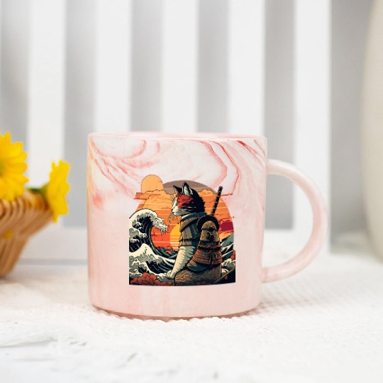 Samurai Cat vs The Great Wave Marble Mugs