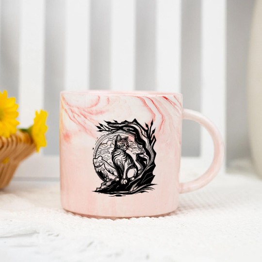 Pretty Little Nature Cat In Tattoo Style Marble Mugs
