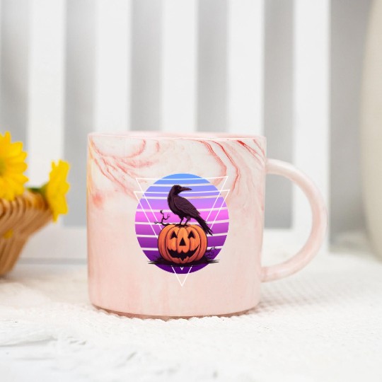 Raven Crow On Pumpkin Vaporwave Halloween Pagan Ae Marble Mugs