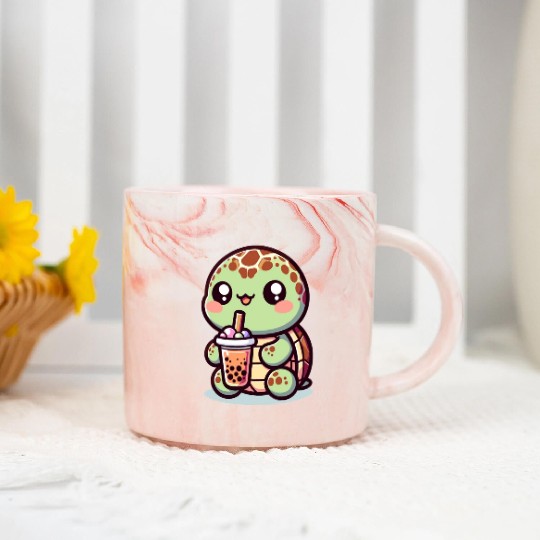 Kawaii Turtle Bubble Tea Lover Cute Sea Turtle Marble Mugs