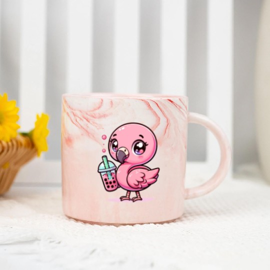 Cute Kawaii Flamingo Bubble Tea Lover Flamingo Marble Mugs