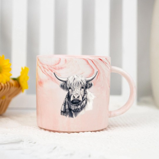 Adorable Highland Cow Wearing a Scarf Marble Mugs