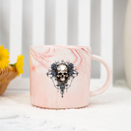 Gothic Art Print with Skull and Roses Marble Mugs