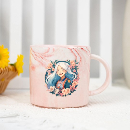Happy Smile Pretty Japanese Anime Girl with Flower Marble Mugs