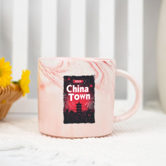 ChinaTown Ignites: Synthwave Red & Black Shiluette Marble Mugs