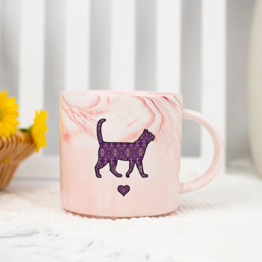 Purple Cat Damask Style Love Heart Cute Silhouette Marble Mugs
