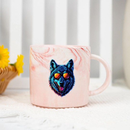 Cool Wolf Face Blue Wolf Wearing Sunglasses Marble Mugs