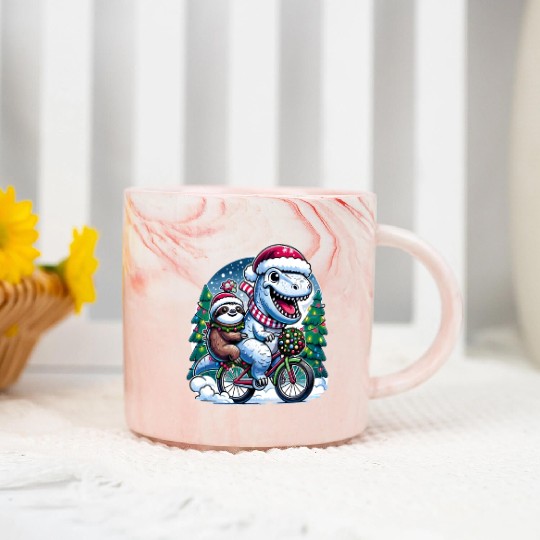 Winter Wonderland T-Rex and Sloth Cycling Duo Marble Mugs