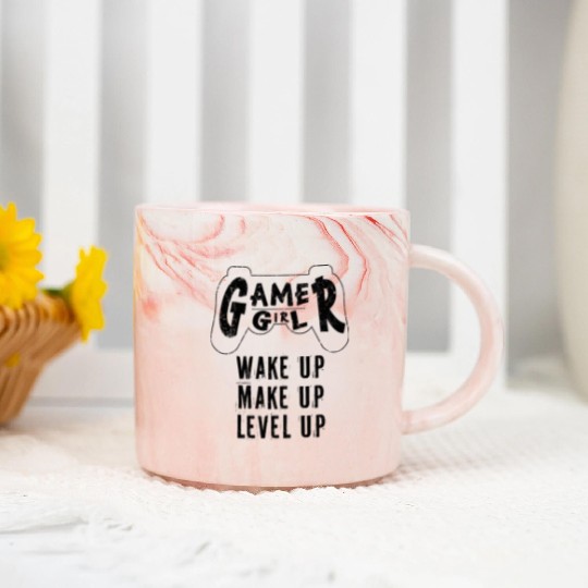 Gamer Girl Wake Up Make Up Level Up Marble Mugs