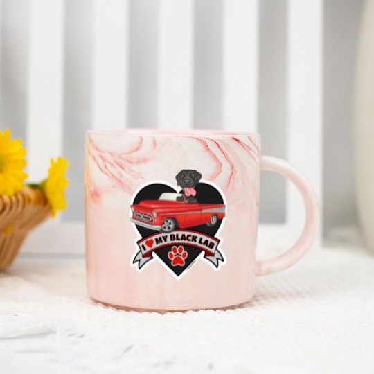 Cute black lab in classic truck inside a heart Marble Mugs