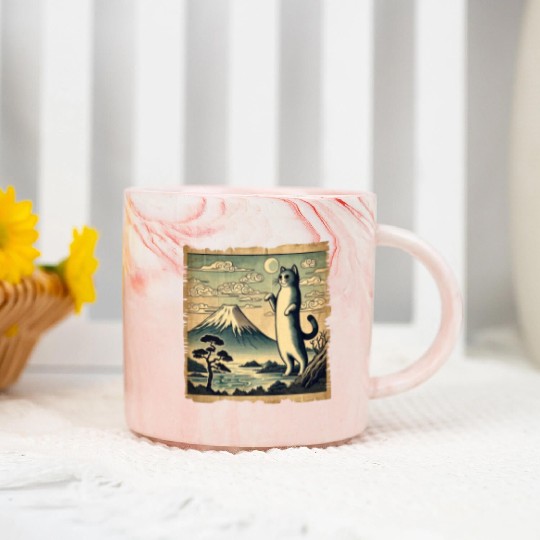 Mt. Fuji Kitten Papyrus Scroll Retro Japanese Art Marble Mugs