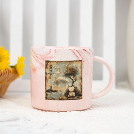 Mt. Fuji Kitten Papyrus Scroll Retro Japanese Art Marble Mugs