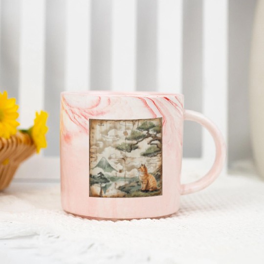 Mt. Fuji Kitten Papyrus Scroll Retro Japanese Art Marble Mugs