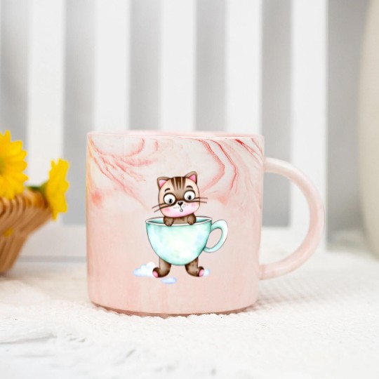 Surprised Silly Cat Wearing Coffee Cup Marble Mugs