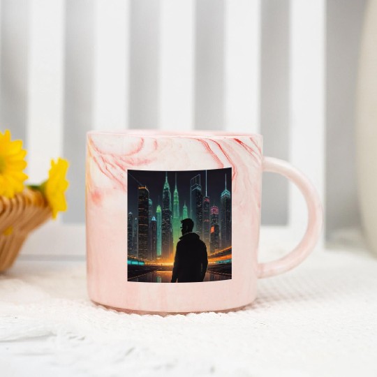 Neon Horizon: A Futuristic Cityscape Marble Mugs