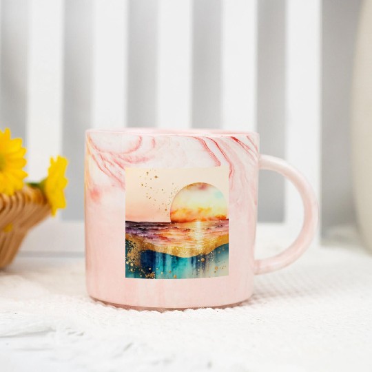 Sunset Beach Watercolor Painting Marble Mugs