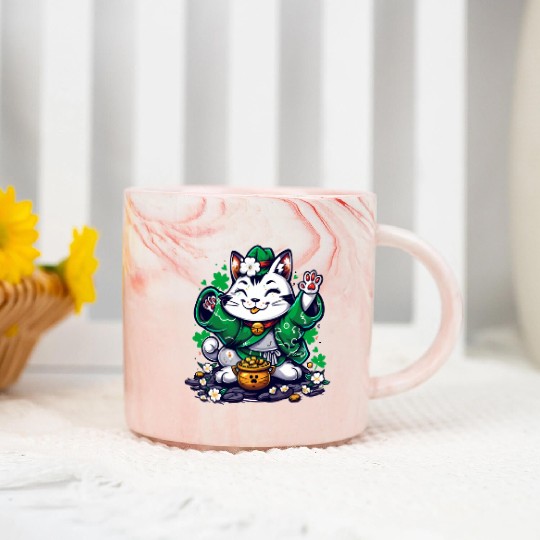 Kawaii St Patricks Day Cat With a Pot Of Gold Marble Mugs