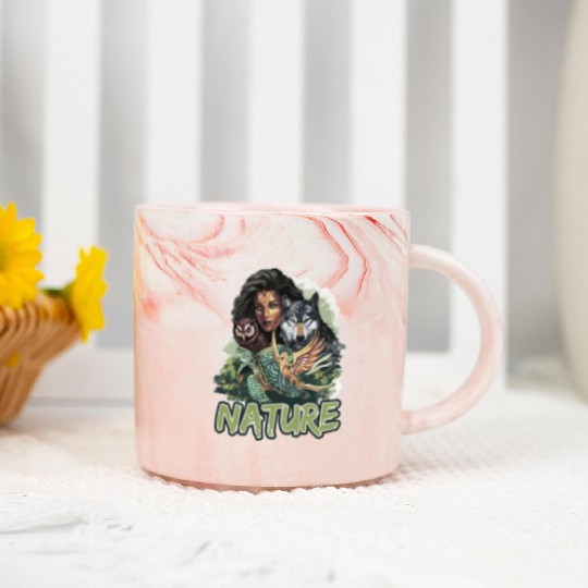 Nature-Inspired Wolf Owl Turtle Phoenix Woman Marble Mugs