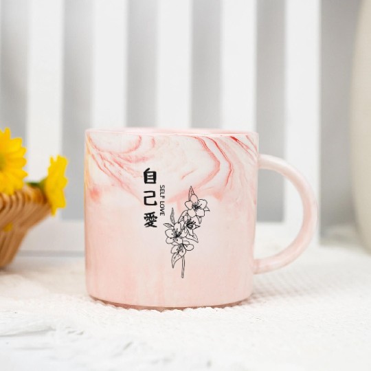 Self Love Minimalist Flower Line Art Japanese Kanj Marble Mugs