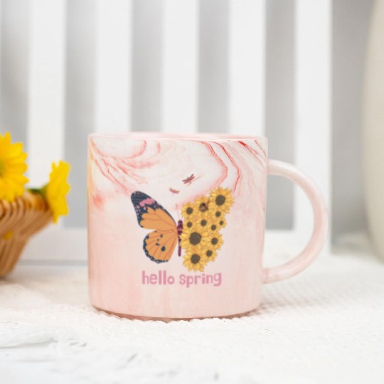 retro hello spring groovy flowers cute butterfly Marble Mugs