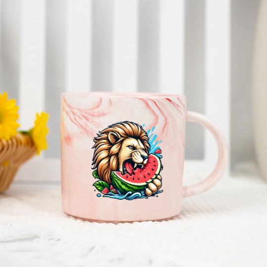 Lion Enjoying a Juicy Watermelon Marble Mugs